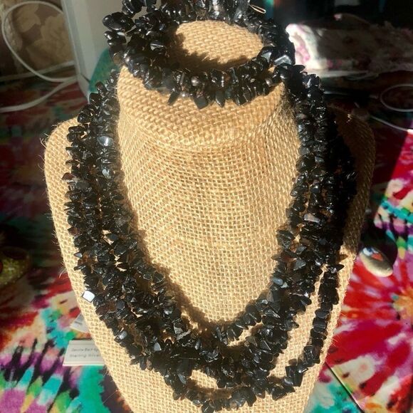 Black agate 5 strand necklace & matching bracelet - Picture 1 of 6